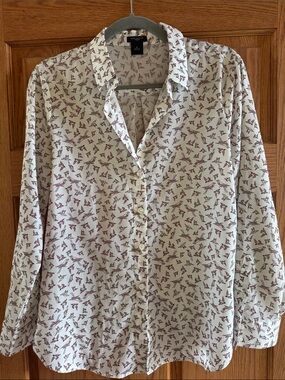 Ann Taylor Petite White Blouse with Pink Bird Print